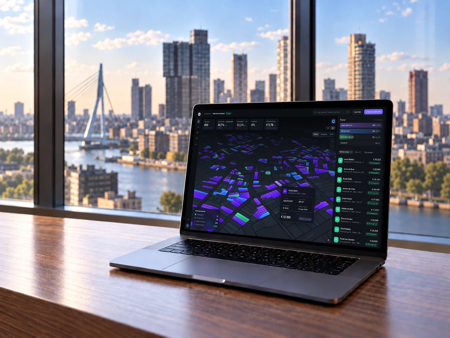 PPM Group campaign dashboard on a laptop overlooking Rotterdam